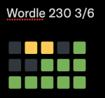 A screencap of black, yellow, and green emoji boxes, displaying how Wordle appears when shared on social media.